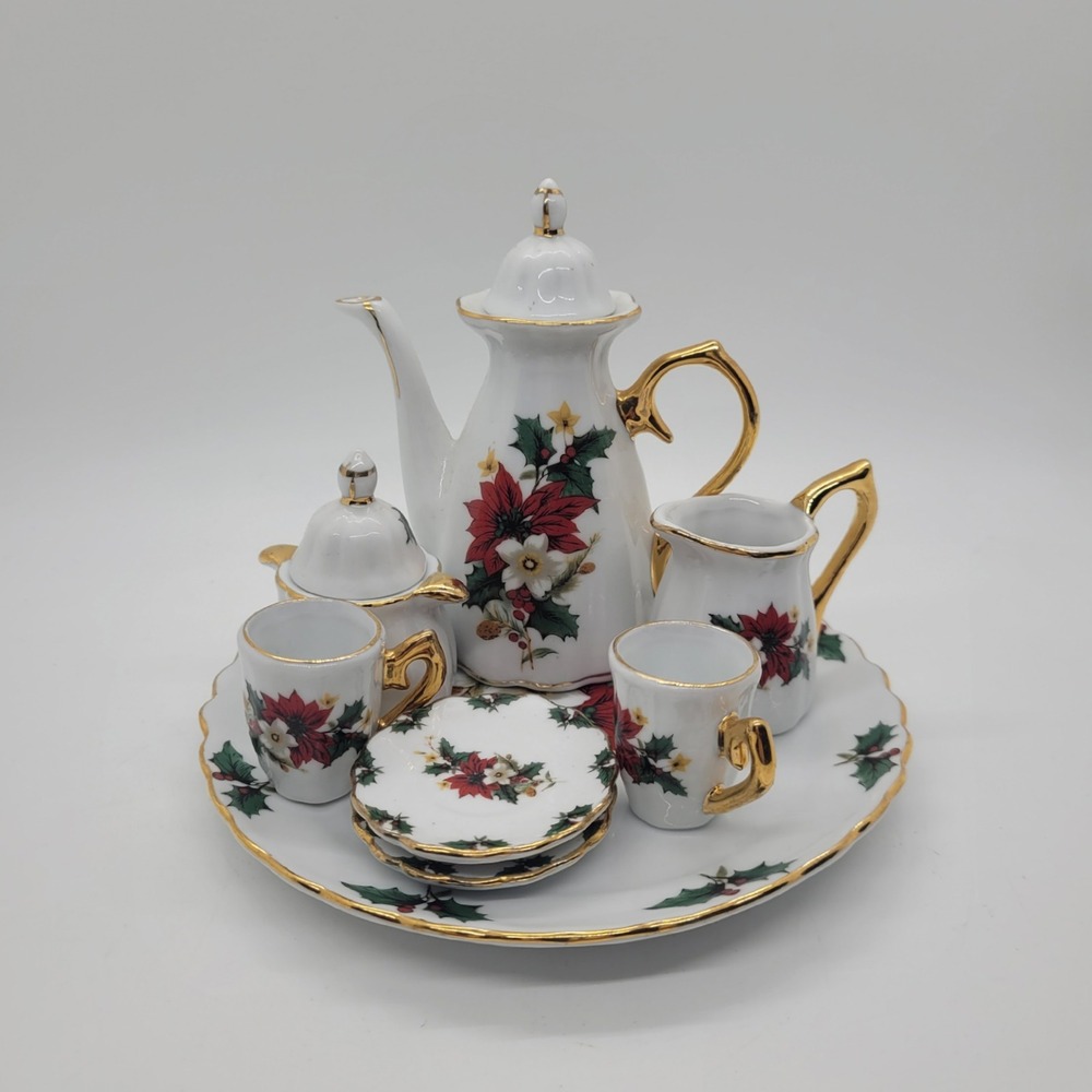 Formalities by Baum Bros Christmas Poinsettia Miniature Tea Set 10pc Gold Trim